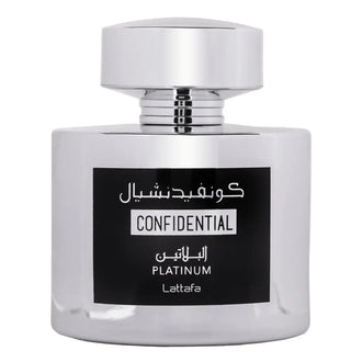 Sticla parfum Lattafa Confidential Platinum 100 ml, flacon argintiu modern.
