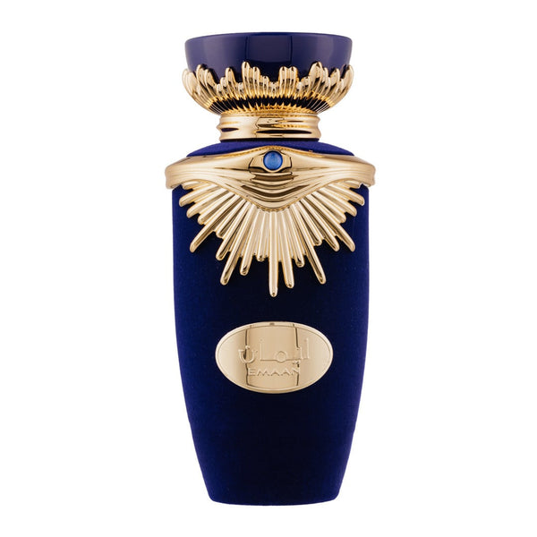 Parfum Lattafa Emaan 100 ml, flacon albastru cu design elegant si regal.