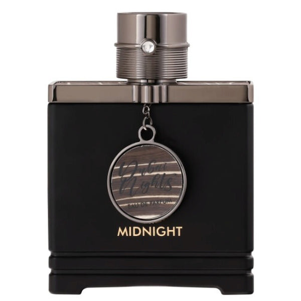Sticla parfum Armaf Dubai Nights Midnight 100 ml, design luxos in nuante inchise.