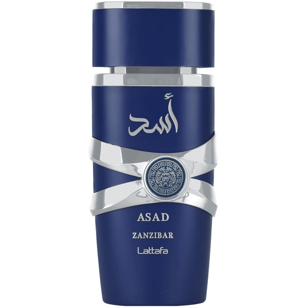 Parfum Lattafa Asad Zanzibar 100 ml, flacon albastru cu texturi marine.