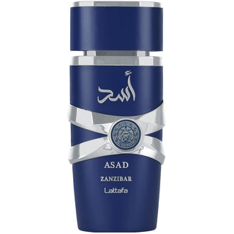 Parfum Lattafa Asad Zanzibar 100 ml, flacon albastru cu texturi marine.