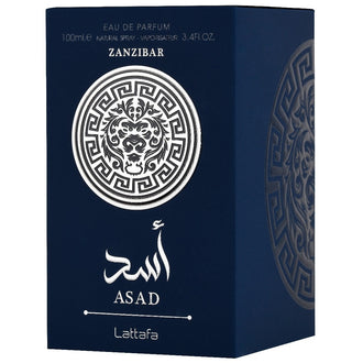 Parfum Lattafa Asad Zanzibar 100 ml, flacon albastru cu texturi marine.