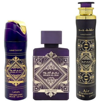 Cutie cadou luxoasa Lattafa Badee Al Oud Amethyst cu parfum, deodorant si lotiune.