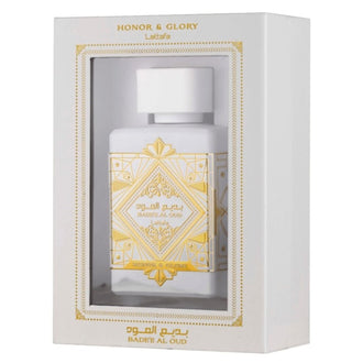 Parfum Lattafa Badee Al Oud 100 ml, flacon negru cu simboluri aurii, cunoscut si ca Oud for Glory.