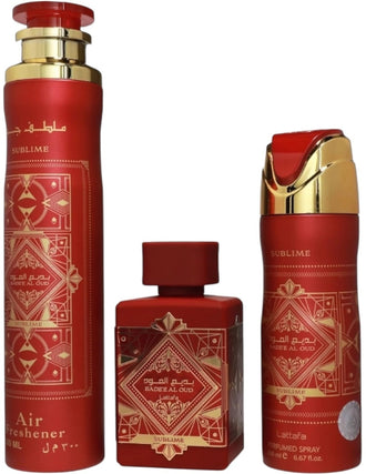 Set cadou Lattafa Badee Al Oud Sublime, ambalaj rosu vibrant de lux.