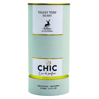 Sticla parfum Alhambra Chic Velvet Vert Secret 100 ml, finisaj catifelat si elegant.