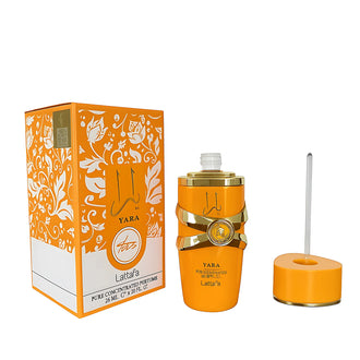 Flacon ulei de parfum Lattafa Yara Tous 20 ml, design portocaliu tropical.