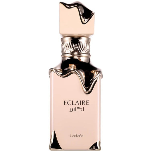 Sticla parfum Lattafa Eclaire 100 ml, flacon elegant in tonuri de maro si auriu.