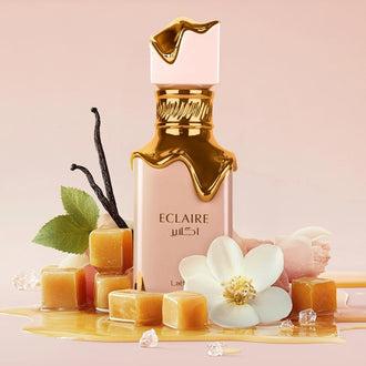 Sticla parfum Lattafa Eclaire 100 ml, flacon elegant in tonuri de maro si auriu.