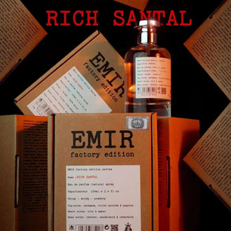 Sticla de parfum Emir Rich Santal 100 ml, design elegant si luxos, cu finisaje atent lucrate, potrivit pentru iubitorii de parfumuri orientale rafinate