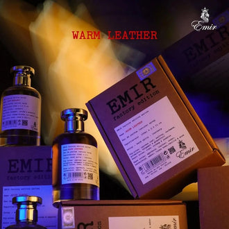 Sticla de parfum Emir Warm Leather 100 ml, design elegant si luxos, cu finisaje atent lucrate, potrivit pentru iubitorii de parfumuri orientale rafinate