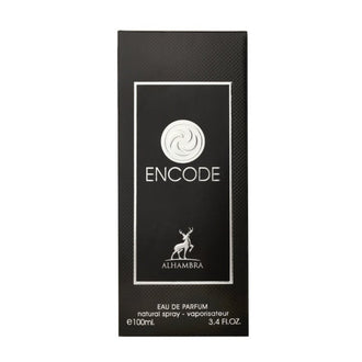 Parfum barbatesc Alhambra Encode 100 ml, flacon cu textura de piele neagra si design impunator.