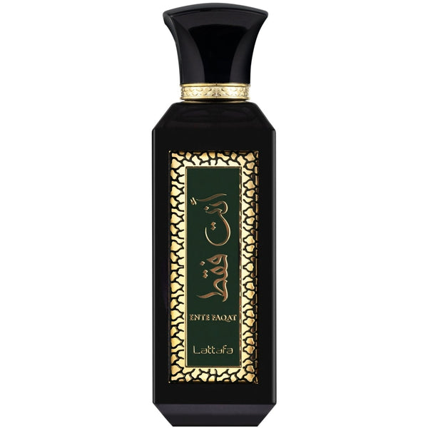 Sticla parfum Lattafa Ente Faqat 100 ml, design sobru si luxos.
