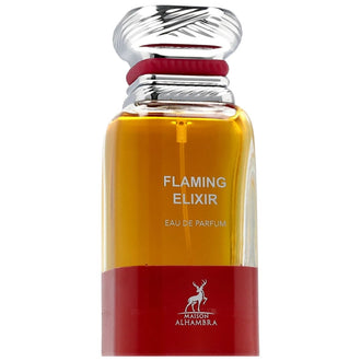 Parfum Alhambra Flaming Elixir 80 ml, flacon rosu vibrant cu design modern si atractiv.