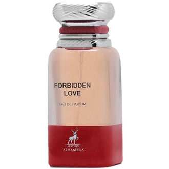 Sticla parfum Alhambra Forbidden Love 80 ml, design elegant in nuante de rosu inchis si dop negru.
