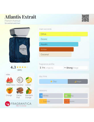 Sticla de parfum French Avenue Atlantis Extrait de Parfum 100 ml, design elegant si luxos, cu finisaje atent lucrate, potrivit pentru iubitorii de parfumuri orientale rafinate