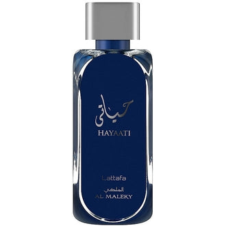 Parfum Lattafa Hayaati Al Maleky 100 ml, flacon albastru cu design regal.