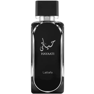 Sticla parfum Lattafa Hayaati 100 ml, flacon negru minimalist si modern.