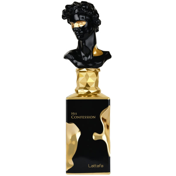 Sticla parfum Lattafa His Confession 100 ml, flacon negru modern cu accente argintii.