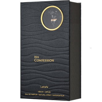 Sticla parfum Lattafa His Confession 100 ml, flacon negru modern cu accente argintii.