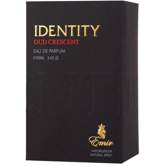 Sticla de parfum Emir Identity Oud Crescent 100 ml, design elegant si luxos, cu finisaje atent lucrate, potrivit pentru iubitorii de parfumuri orientale rafinate