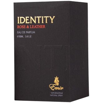 Sticla de parfum Emir Identity Rose & Leather 100 ml, design elegant si luxos, cu finisaje atent lucrate, potrivit pentru iubitorii de parfumuri orientale rafinate