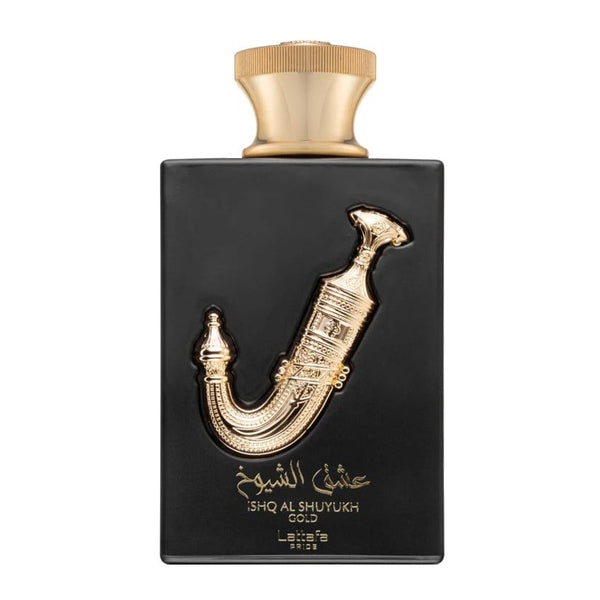 Sticla parfum Lattafa Pride Ishq Al Shuyukh Gold 100 ml, flacon auriu luxos.