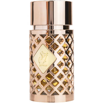 Parfum Lattafa Jazzab Gold 100 ml, flacon auriu cu detalii fine florale.