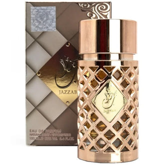 Parfum Lattafa Jazzab Gold 100 ml, flacon auriu cu detalii fine florale.