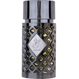 Sticla parfum Lattafa Jazzab Silver 100 ml, flacon argintiu cu aspect metalic.