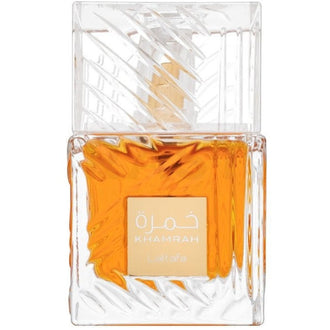 Sticla parfum Lattafa Khamrah 100 ml, flacon din cristal masiv ce aminteste de un pahar de coniac.
