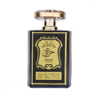 Sticla parfum Lattafa Khurafi Oud 100 ml, design ce sugereaza lemnul de agar.
