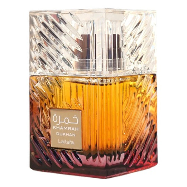 Parfum Lattafa Khamrah Dukhan 100 ml, flacon de tip cristal cu design fumuriu.