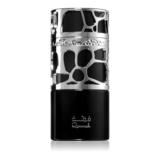 Sticla parfum Lattafa Qimmah Men 100 ml, flacon cu design verde si auriu.