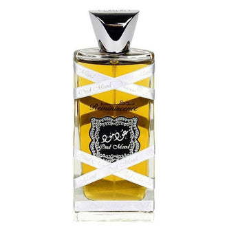 Sticla parfum Lattafa Oud Mood Reminiscence 100 ml, flacon elegant invelit in panglica argintie.
