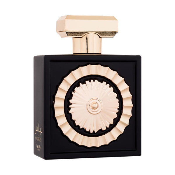 Parfum Lattafa Pride Nebras 100 ml, flacon auriu de lux cu design sculptural.