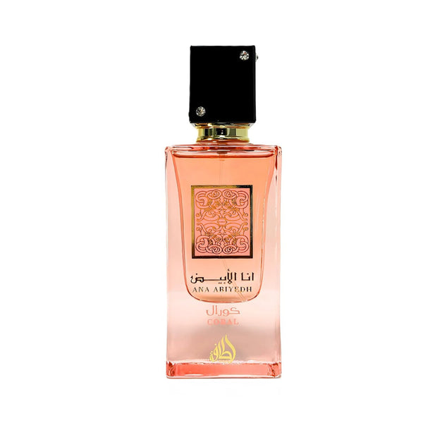 Sticla parfum Lattafa Ana Abiyedh Coral 60 ml, design minimalist cu accente coral.