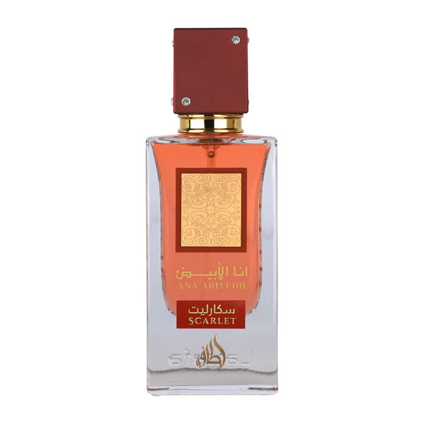 Sticla parfum Lattafa Ana Abiyedh Scarlet 60 ml, flacon elegant cu detalii rosii.