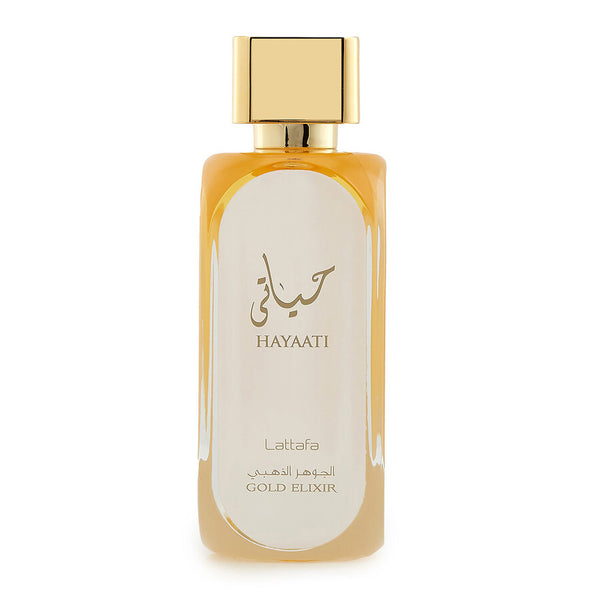 Sticla parfum Lattafa Hayaati Gold Elixir 100 ml, flacon elegant cu detalii aurii.