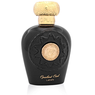 Sticla parfum Lattafa Opulent Oud 100 ml, design negru mat cu ornamente aurii.
