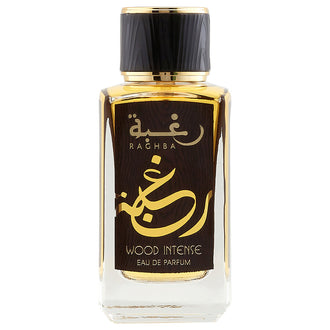 Parfum Lattafa Raghba Wood Intense 100 ml, flacon ce sugereaza lemnul ars si fumul.