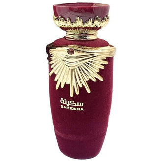 Sticla parfum Lattafa Sakeena 100 ml, flacon rosu cu design elegant si modern.