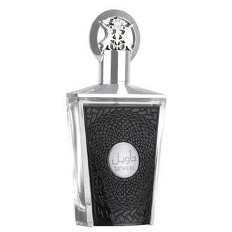Parfum Lattafa Ta'weel 100 ml, flacon argintiu cu design modern de nisa.