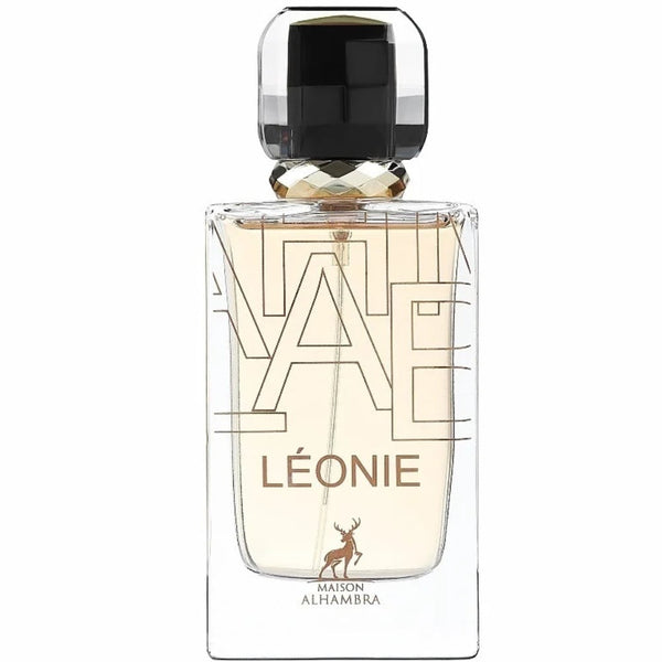Parfum Alhambra Leonie 100 ml, flacon luxos cu accente aurii si dop negru.