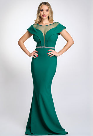Long evening dress Ida in green with tulle and rhinestones