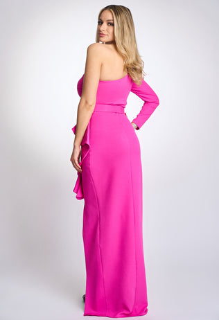 One-shoulder fuchsia Katarina occasion dress with a slit