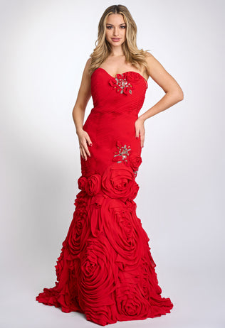 Elegant red Johanna occasion dress with draping and stones