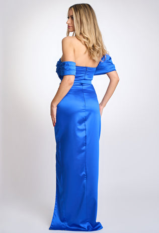 Long dress for the occasion in green satin Lily with slit on the leg and rhinestones on the waist 