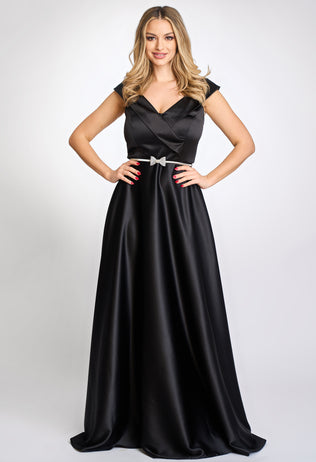 Long black Astrid satin occasion dress with a belt
