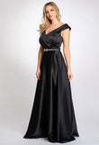 Long black Astrid satin occasion dress with a belt